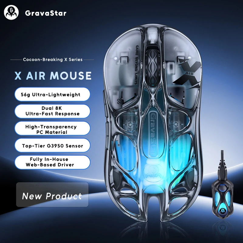 GravaStar X AIR Transparent X Pro Magnesium alloy Hollow-out 3Modes Wireless Gaming Mouse Bluetooth Lightweight Gaming Mouse