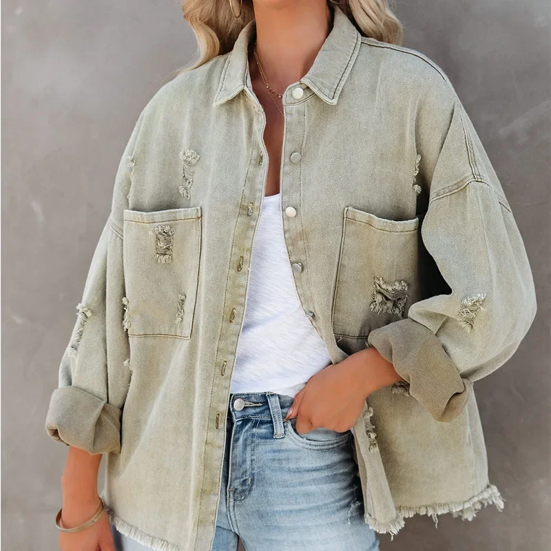 Women Fashion Ripped Denim Jacket Turn Down Collar Long Sleeve Tops Single Breasted Tassels Coat Loose Shirts & Blouses Outwear