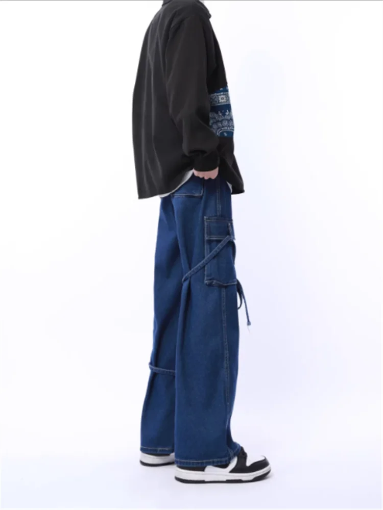 2023 American fashion street dark blue lacing hole wide leg casual pants men\'s and women\'s loose jeans