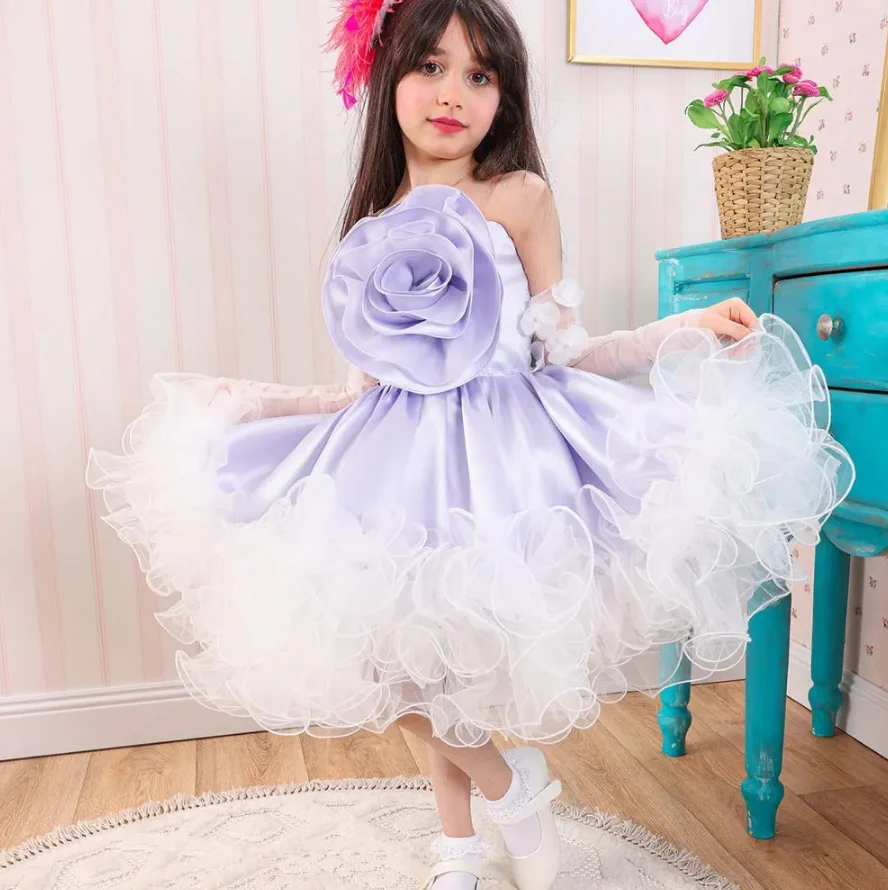 Fluffy Organza Tulle Dress Tutu Outfit Flower Girl Dress Baby Girls Birthday Gown Special Occasion with Big Bow