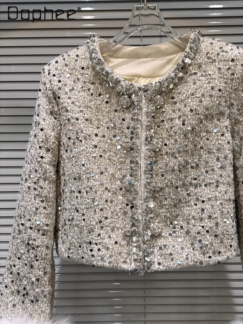 

2025 Winter New Light Luxury Elegant Socialite Sequin Fox Fur Cuff Tweed Down Short Coat Women High-end Thickened Ladies Coat