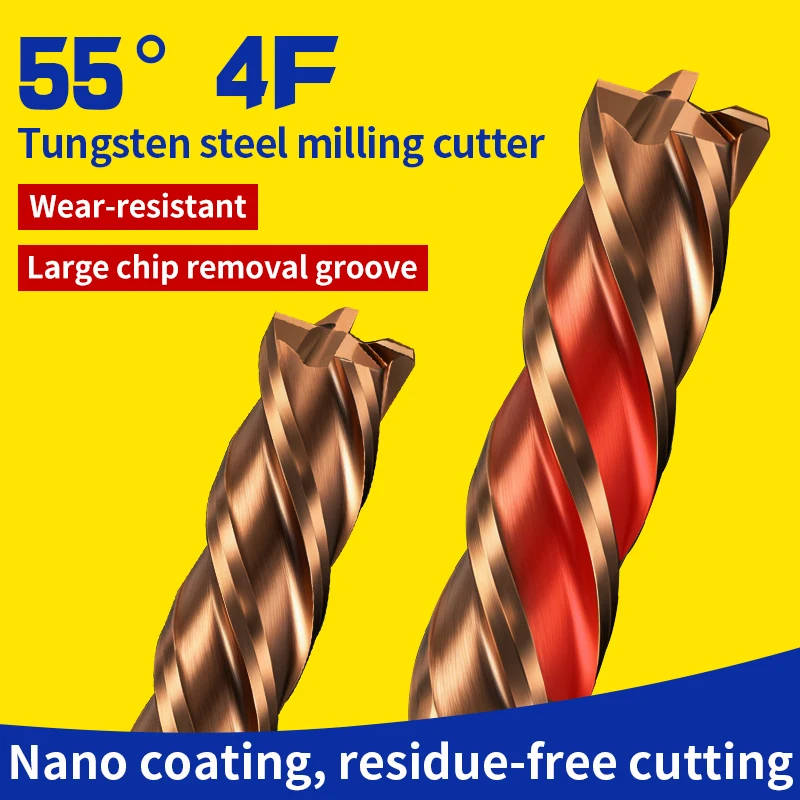 

4-Flute Tungsten Carbide End Mill 55° Extended Straight Shank CNC Tool with High Hardness Coating for Flat Bottom