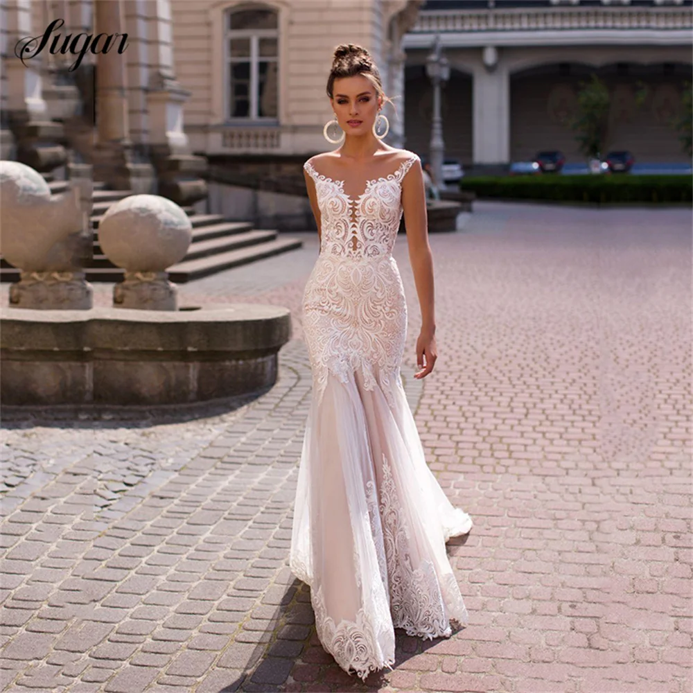 

Mermaid Wedding Dresses With Cape 2024 Sheer O-Neck customized Lace Tulle Light Champagne Bridal Gown Button Back Sweep Train