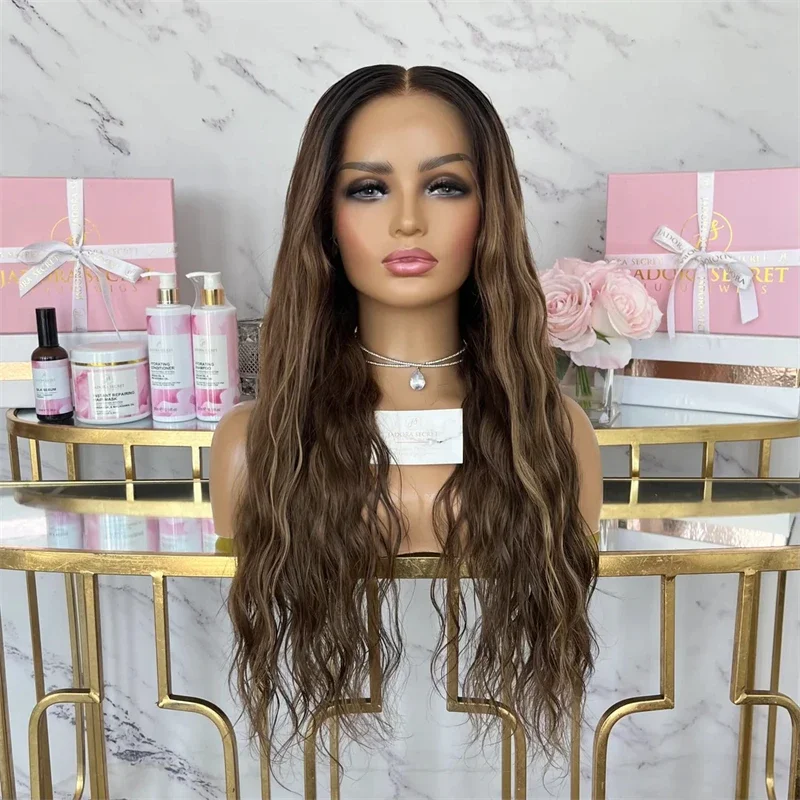 

5x5 Шелковая основа 26 дюймов Длинные мягкие блики Коричневые объемные волны Еврейский парик из человеческих волос с детскими волосами HD Кружевные европейские волосы Предварительно выщипанные