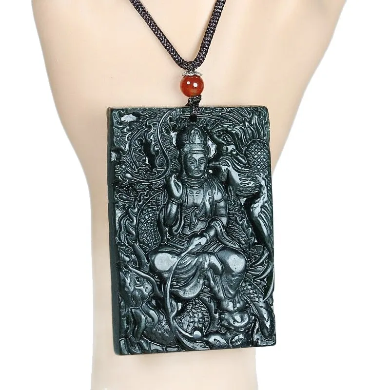 Hotan Green Jade Guanyin Pendant And Auspicious Peace Amulet Necklace Jewelry