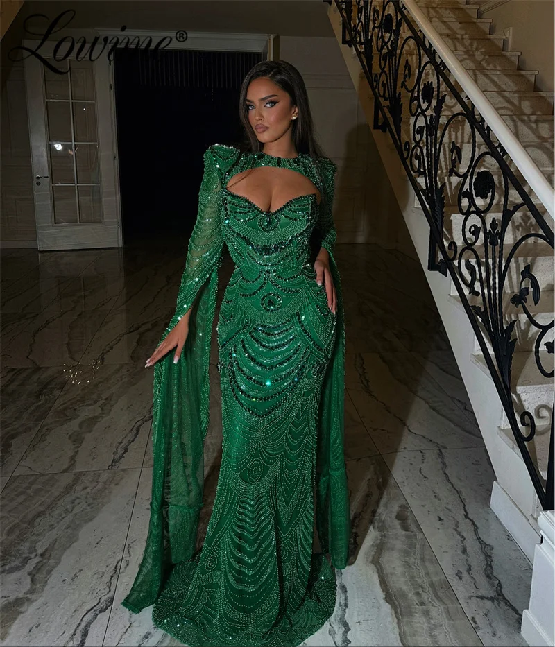 Robe de soirée élégante verte perlée, manches cape, robes de soirée personnalisées, Dubaï, robe de Rharabe, 2024