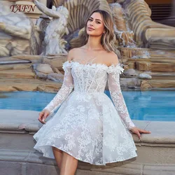 TAFN Boat Neck Lace Wedding Dresses A-line Bridal Gown Off the Shoulder Long Sleeves Short vestidos de novia Lace-up Customized