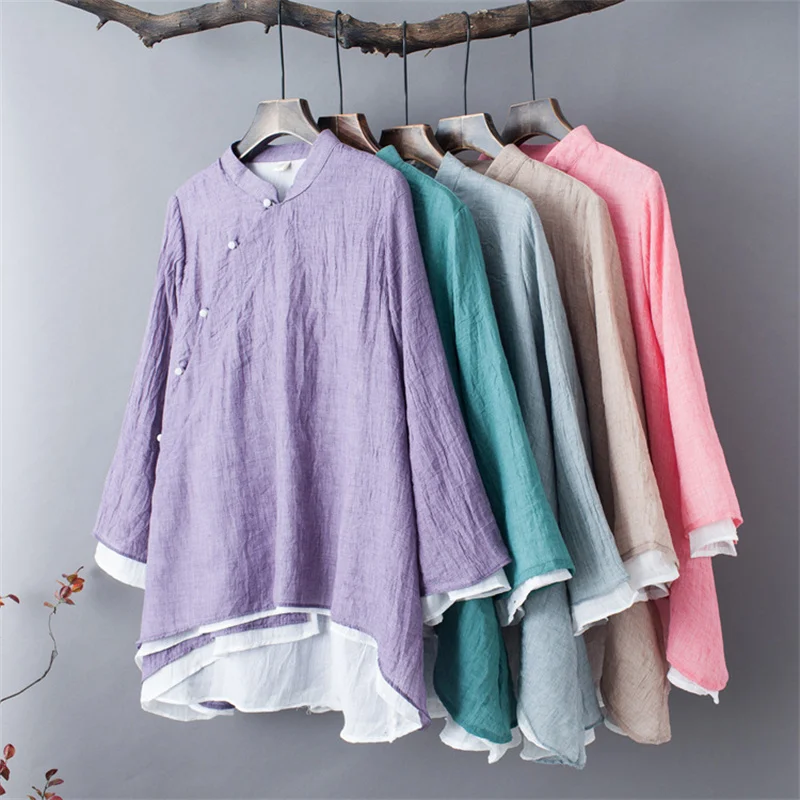 Chinese Style Modern Hanfu Shirt Women Long Sleeve Mandarin Collar Blouse Double Layered Cotton Linen Casual Loose Tops Party