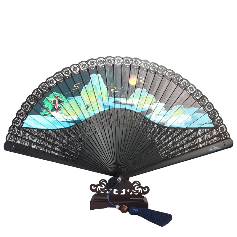 

/Heyun Jiangshan spray painting all-bamboo fan antique women's folding fan Hangzhou craft fan gift box