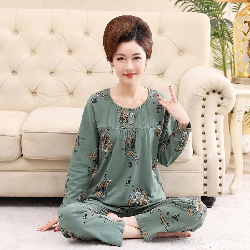 Middle Aged Mother Cotton Pajamas For Women Autumn Long Sleeve Top Trousers Sets Plus Size Homewear Warm Sleepwear For Winter