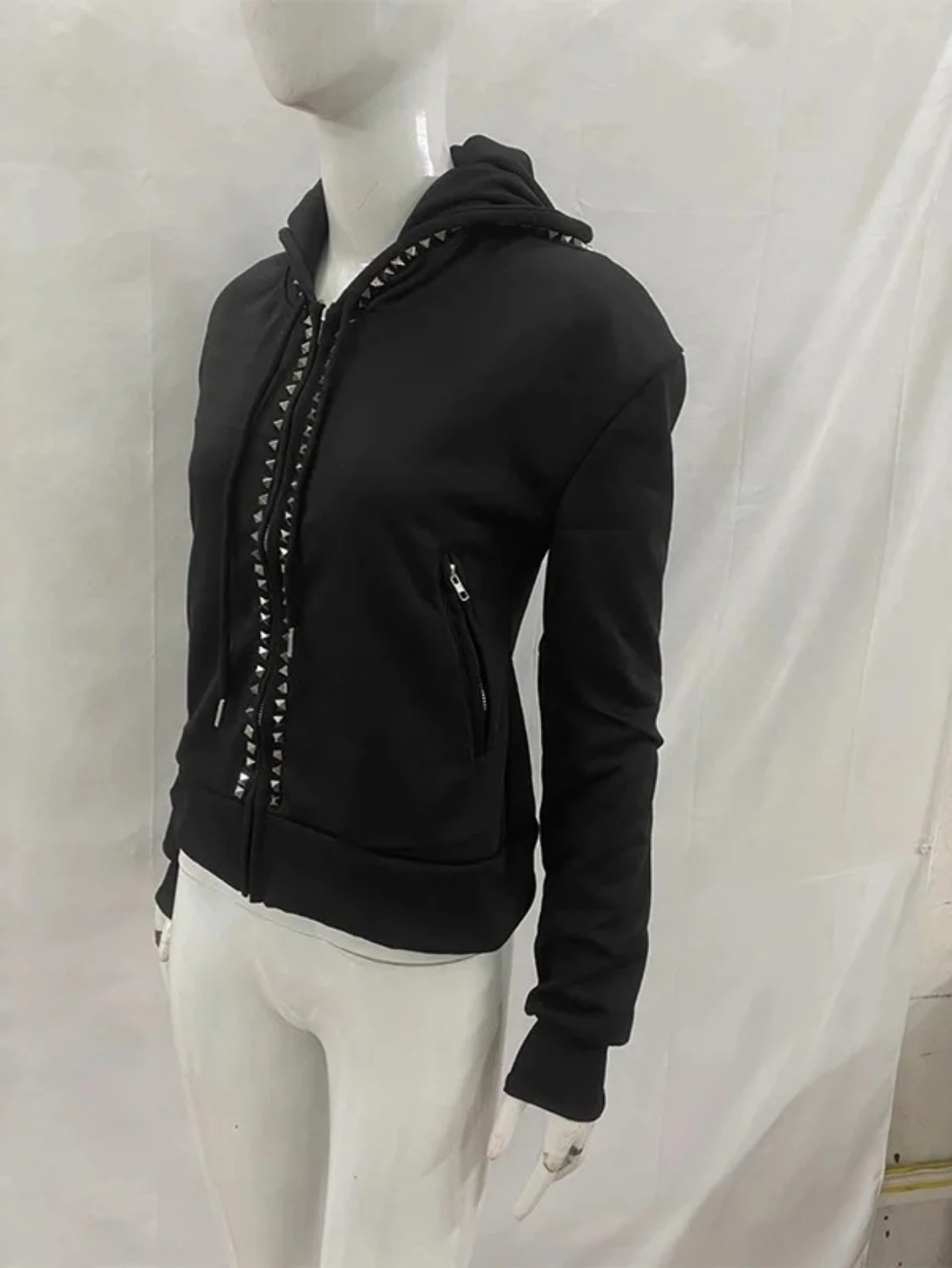 Bluza z kapturem Y2K z nitami i zamkiem błyskawicznym, damska, Harajuku, czarna, oversize, gotycka, retro, klasyczna bluza, odzież zimowa