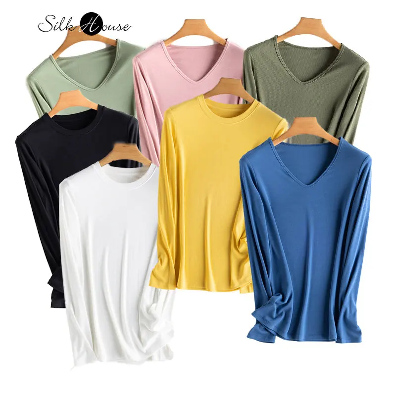 

Silkworm Rib Long Sleeve T-Shirt Women's Loose Slim Solid Backing Shirt Round Neck Simple Versatile Thin Top Autumn Winter New