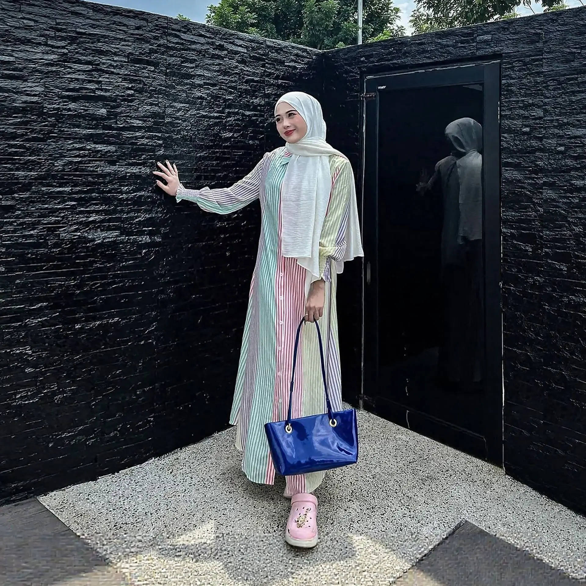 Ramadan Muslim, Islamic, Southeast Asian, Malay, Dubai, Arab women's clothing, long sleeved shirt skirt, macaron striped dress