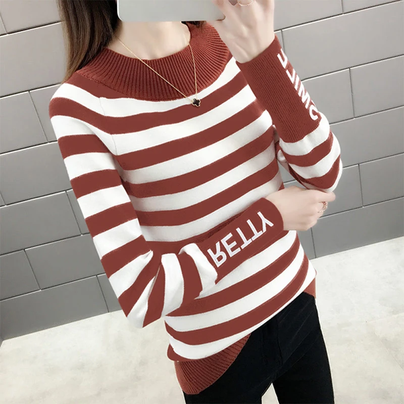 2024 Autumn Winter Women New Korean Fashion Knitted Pullover Office Lady Striped Long Sleeved Sweater Vintage Loose Knitwear