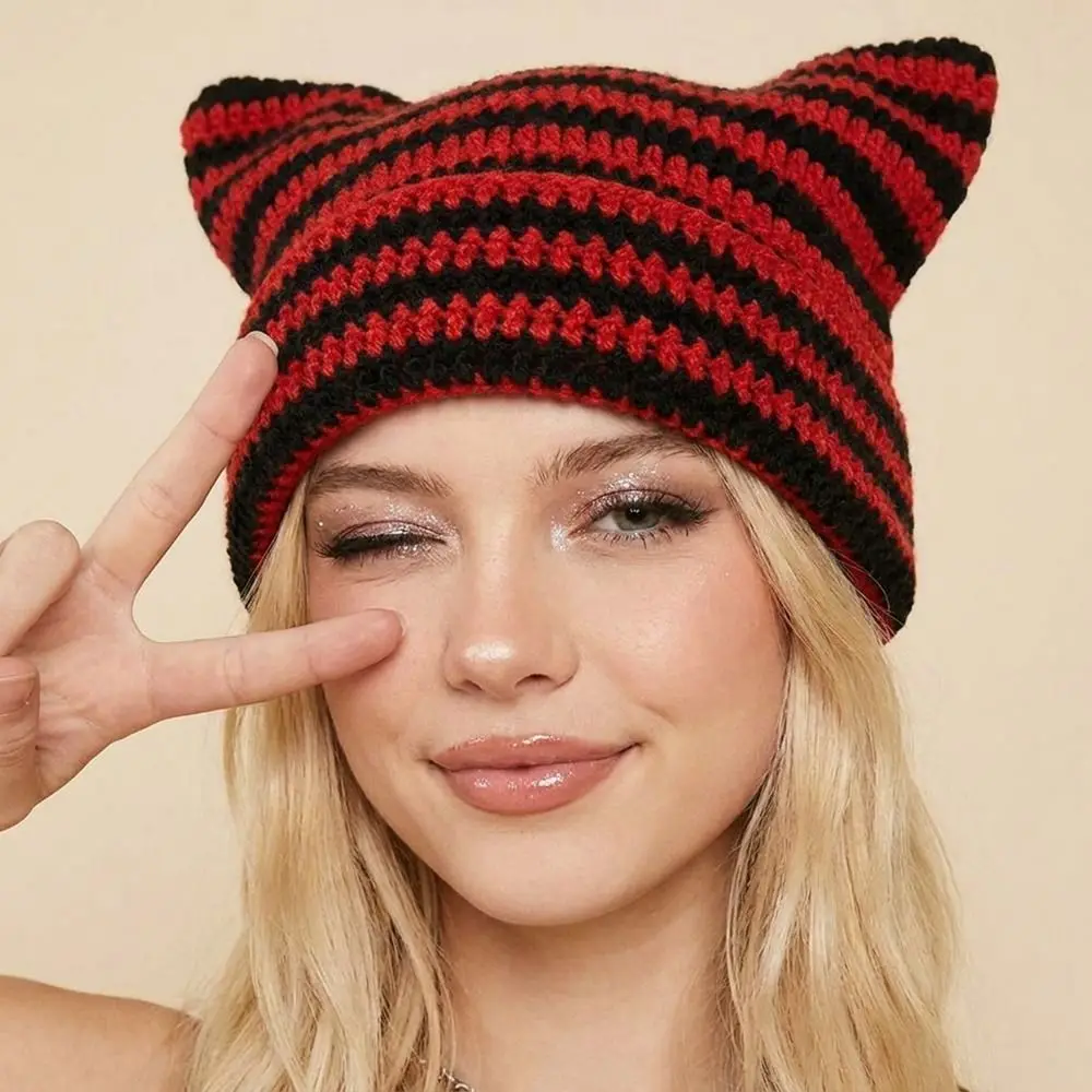 Kawaii Y2K Cat Ears Beanie Hats Cute Harajuku Stripe Knitted Hat Gothic Punk Pullover Hat Winter Autumn