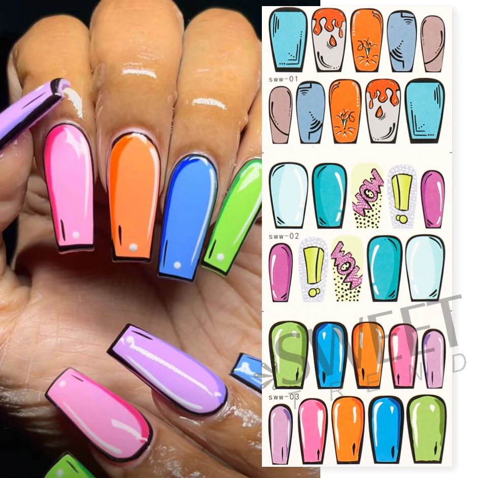 12pcs 2D Comic Graffiti Style Nail Art Sliders Pop Dimension Transfer Decals Simple Line Cartoon 2023 Creative Water Sticker SWW