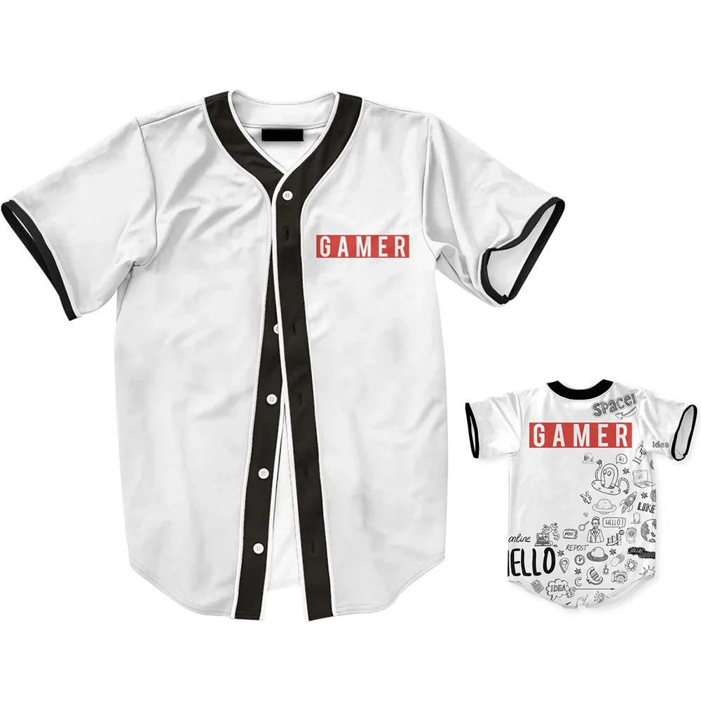 Herren Einreiher plus Größe lose Kurzarmhemd weiße Serie Street Style Y2k Hip-Hop Baseball-Shirt mb27