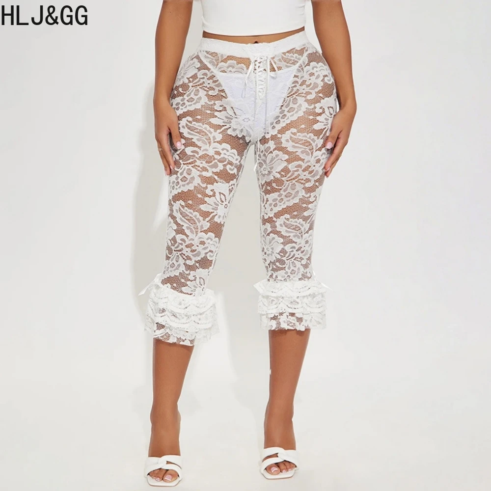 HLJ & GG-Conjunto de dos piezas de encaje transparente para mujer, Top corto de manga larga y pantalones cortos ajustados con volantes, ropa de calle de moda