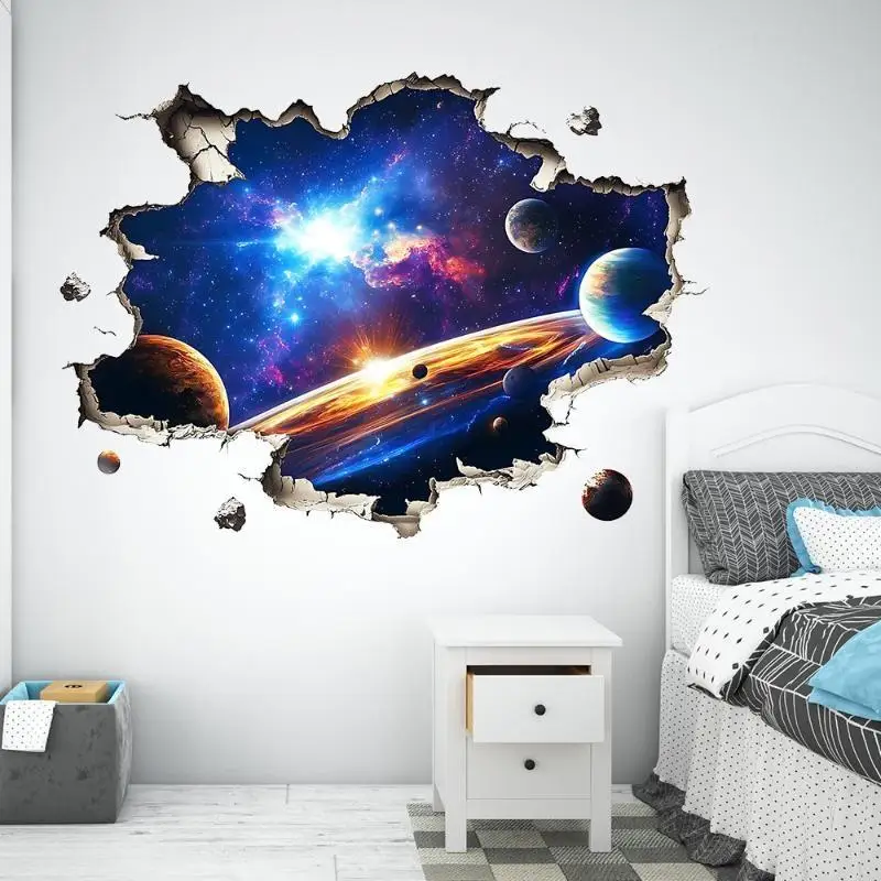 [MOA]2Pcs 3D Outer Space Wall Decal Realistic Broken Wall Effect Vivid Planets Stars Print Perfect For Kids Room Playroom Decor
