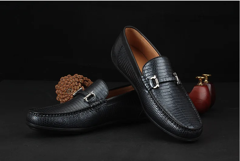 Sipriks Real Lizard Skin Casual Leather Shoes Men\'s Slip On Loafers Elegant Black Smoking Shoes Driving Boy Wear Topsiders