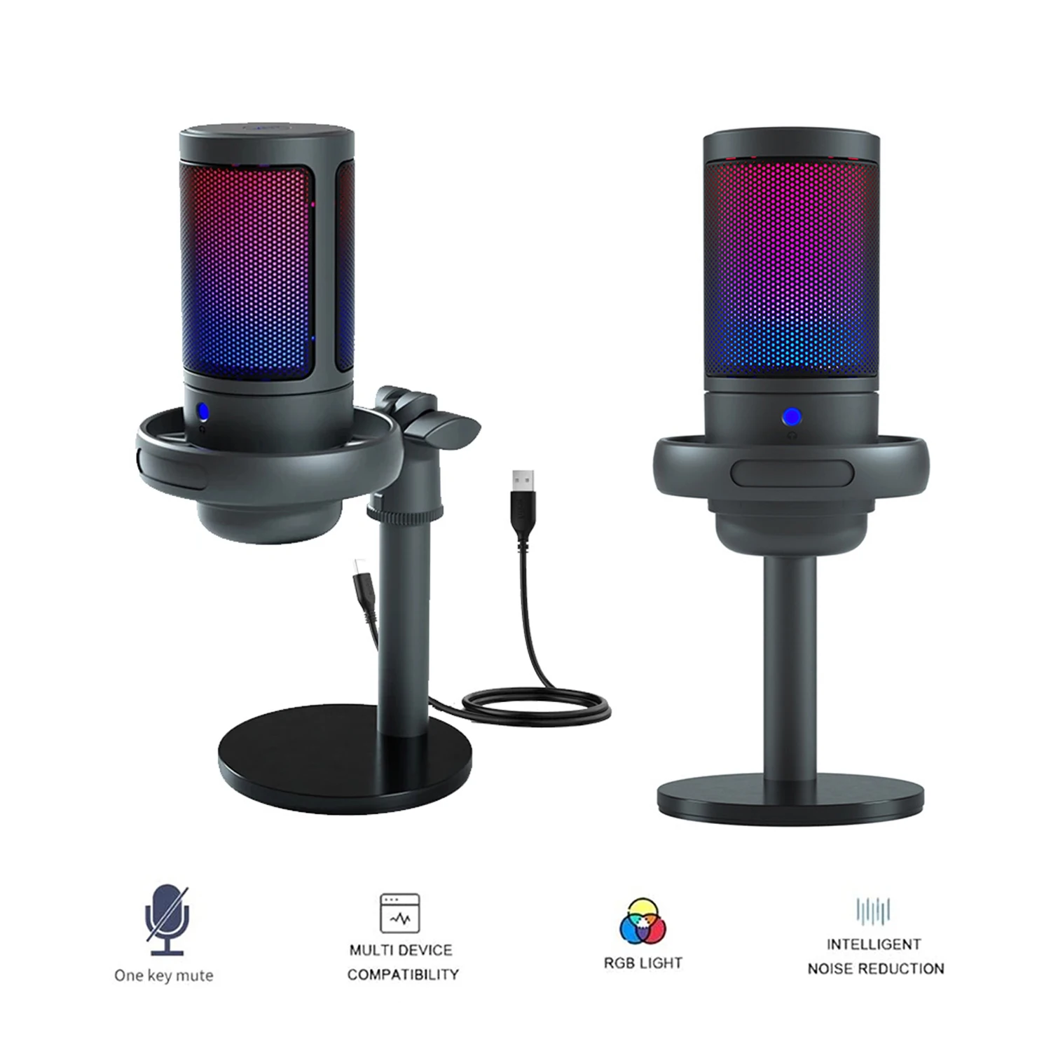 

USB-конденсаторный микрофон для ПК, компьютерный игровой микрофон для PS4/PS5/Mac, быстрая бесшумная RGB подсветка, амортизирующее крепление, ручка усиления, звуковой монитор