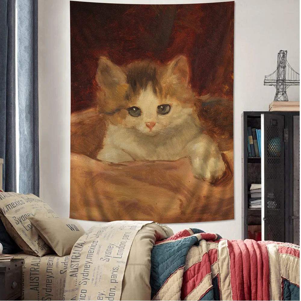 Artwall Cat Oil Painting DIY Wall Tapestry Hippie Flower Wall Carpets Dorm Decor Wall Art Decor