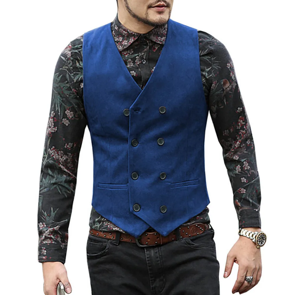 วัสดุหนังนิ่มผู้ชาย Vest Double-Breasted Slim Fit เสื้อกั๊กสำหรับชายสบายๆชายเสื้อกั๊กสำหรับงานแต่งงาน