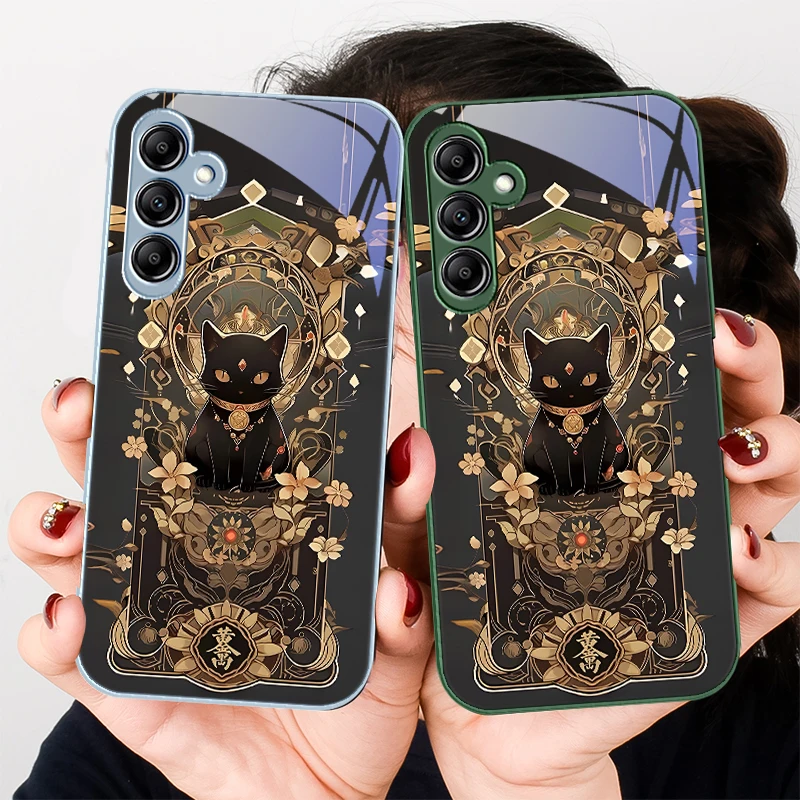 Lucky Black Cat Gold for Samsung Galaxy A01 02 03 Core A04 A14 4G A13 54 34 31 20 25 23 22 5G S21 Ultra S20 glass phone case