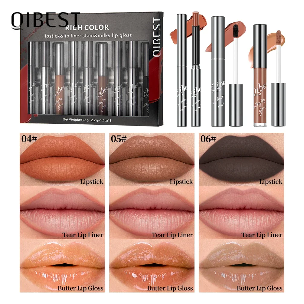 Conjunto de maquiagem labial QIBEST inclui batom, delineador labial rasgado, brilho labial de manteiga, batom fosco de veludo, brilho labial duradouro, cosméticos