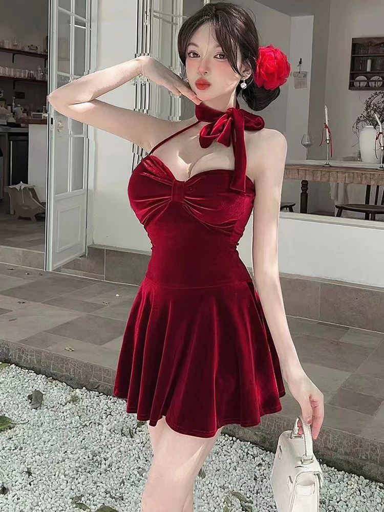 Feminino vermelho veludo chique pescoço-montado sexy mini vestido outono inverno elegante vestido babados 2025 coreano vintage bodycon vestido de noite