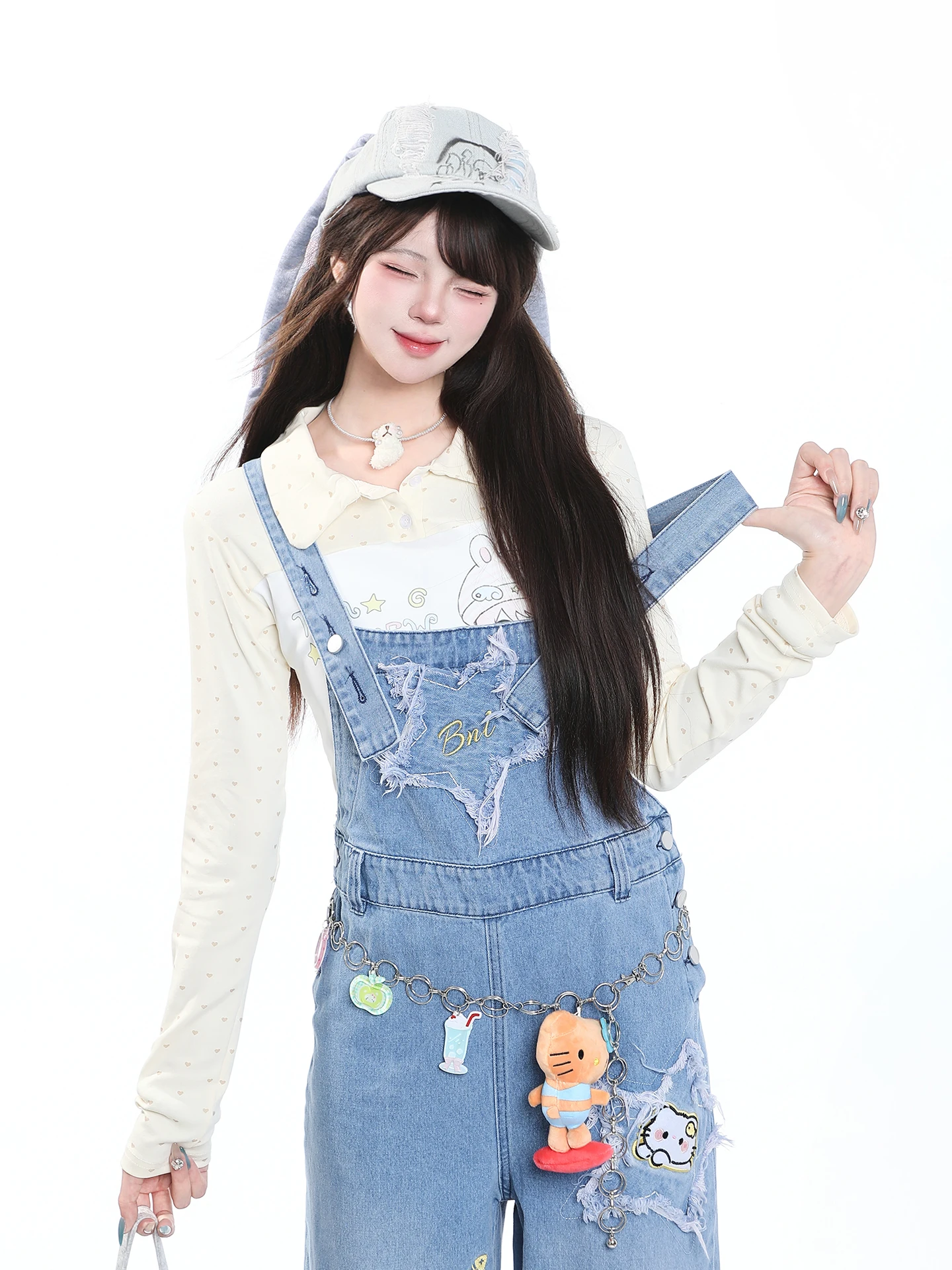 Cartoon Embroidered High Waist Wide Leg Casual Straight Cut Jeans Women's Autumn Design Sense Narrow Waist Strap Pants