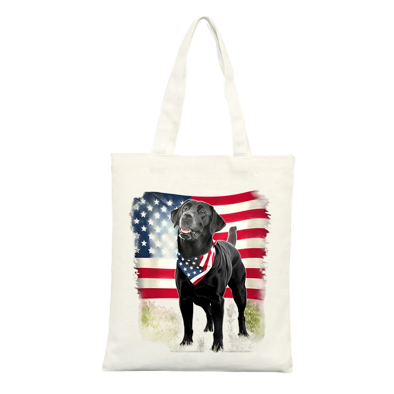American flag and black dog graphic canvas tote bag, casual style for daily shopping and outings