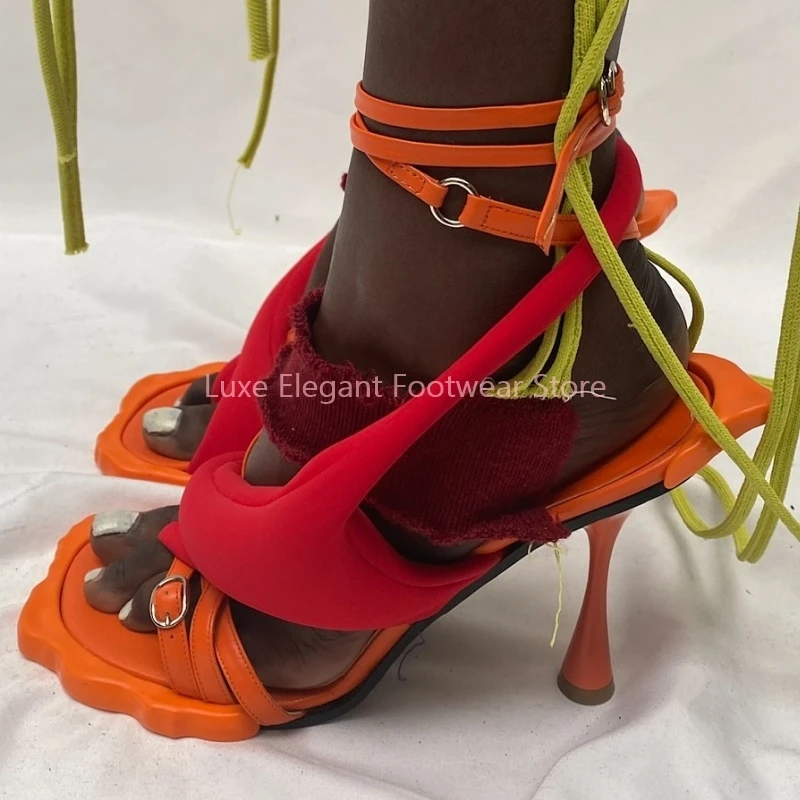 

Orange Wavy Sole Cross Strap Split Toe Thin Heel Sandals Women Peep Toe Buckle Strap Strappy High Heels Fashion Catwalk Shoes