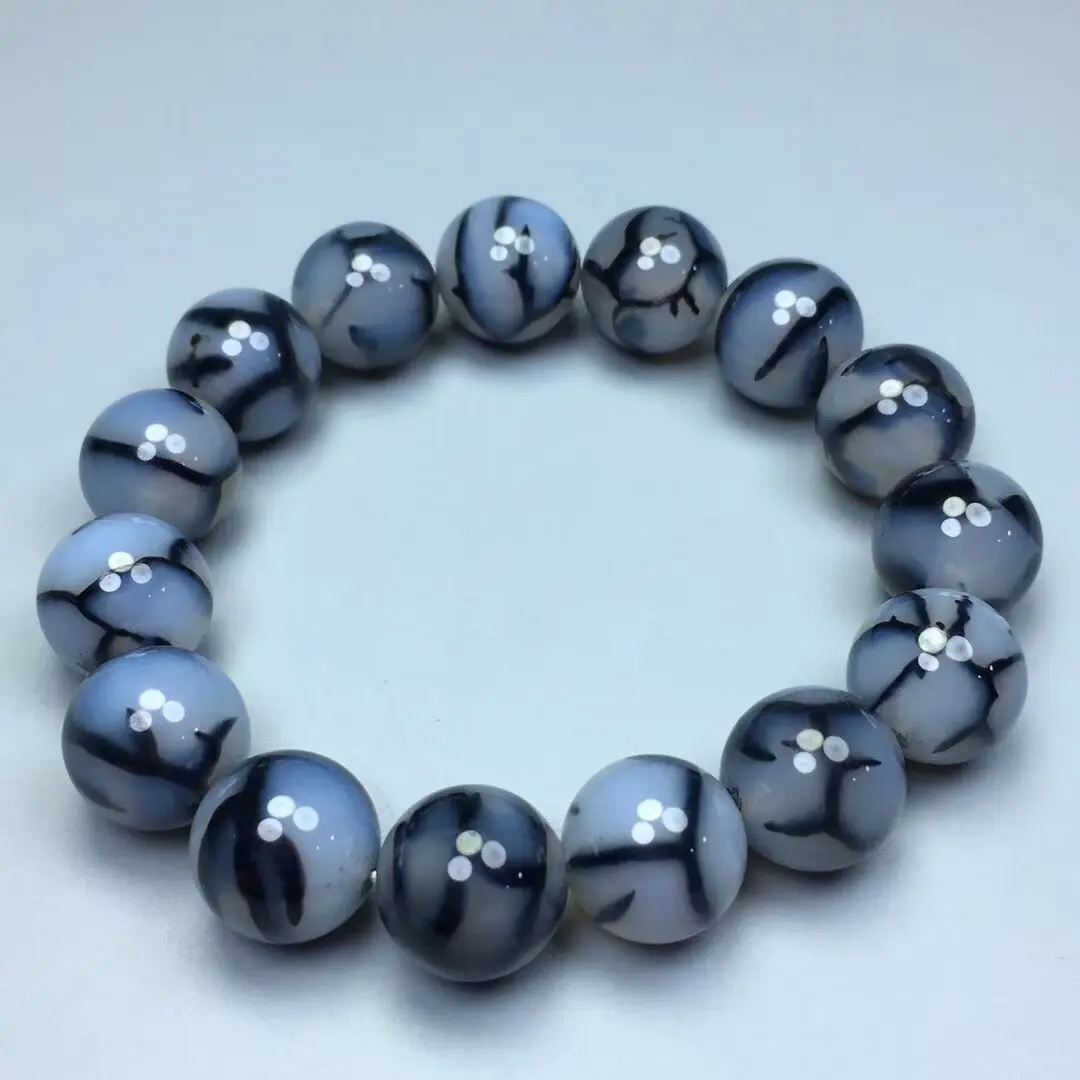 

14mm Natural Ice Crack Agate Jade Bracelet Men Women Fine Jewelry Genuine Dragon Pattern Agate Round Stone Bead Bracelets Bangle