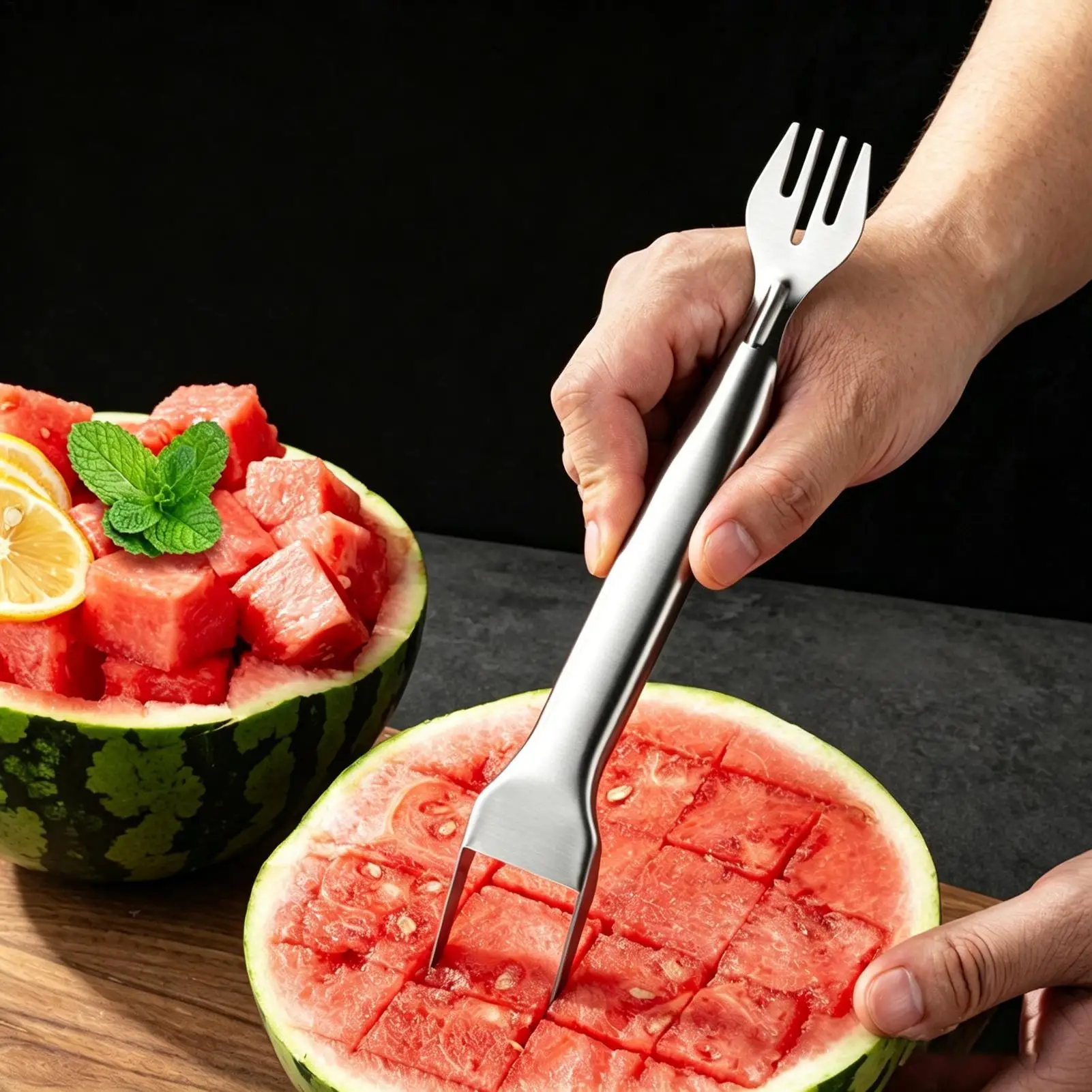 2 in1 Multifunctional Handheld Watermelon Cutter Premium Stainless Steel Fruit Slicer Labor-saving Quick Splitting Tool Portable