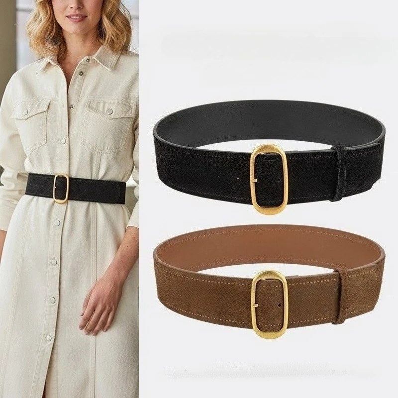 Fashion Wide Genuine Leather Women Belt Design Suede Cowhide Dress Waistbands Simple Width Belt Vintage Gold Buckle Belts