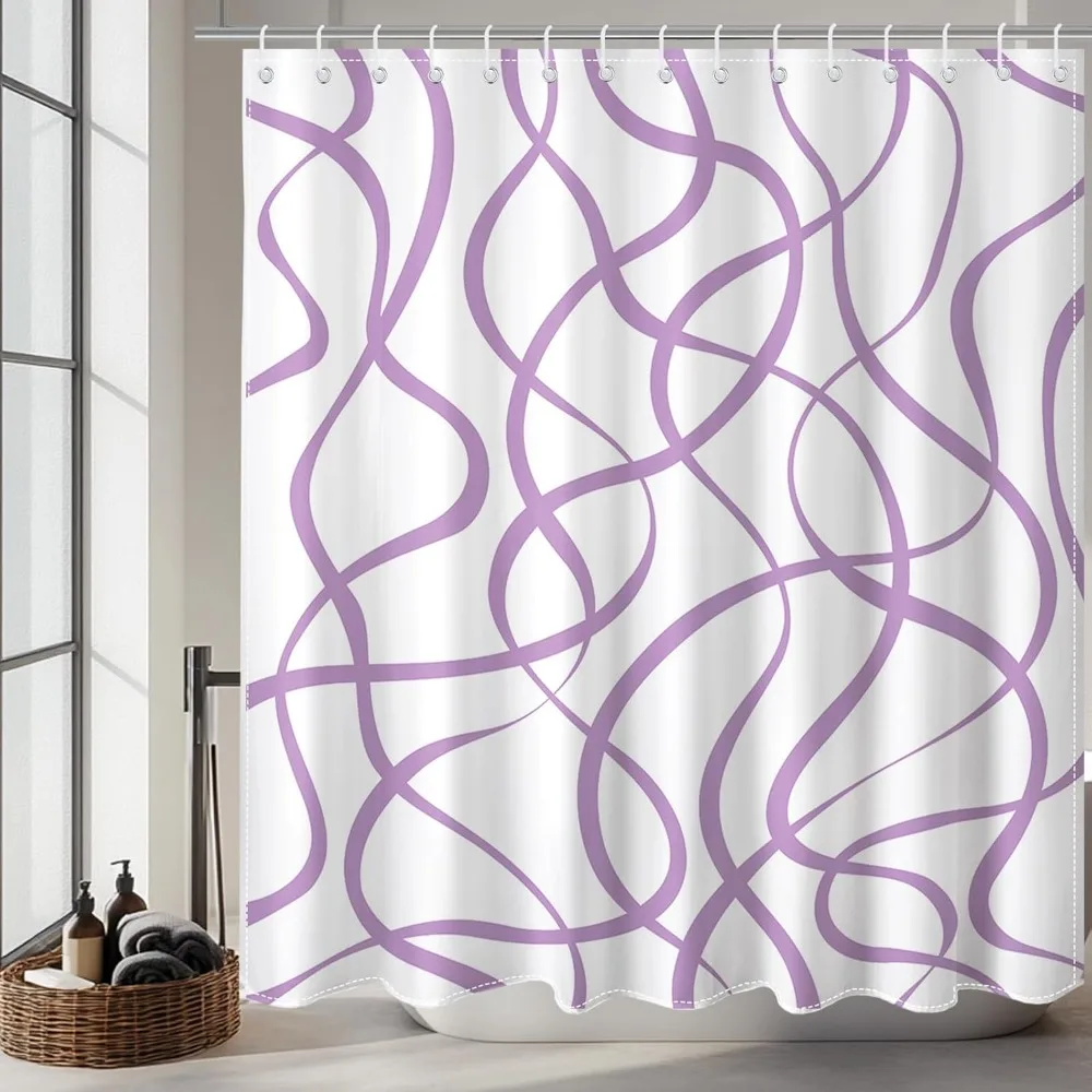 

Занавеска для душа в фиолетовую полоску для ванной комнаты, современная абстрактная волнистая художественная занавеска для душа с 12 крючками, полосатый современный декор для ванной комнаты