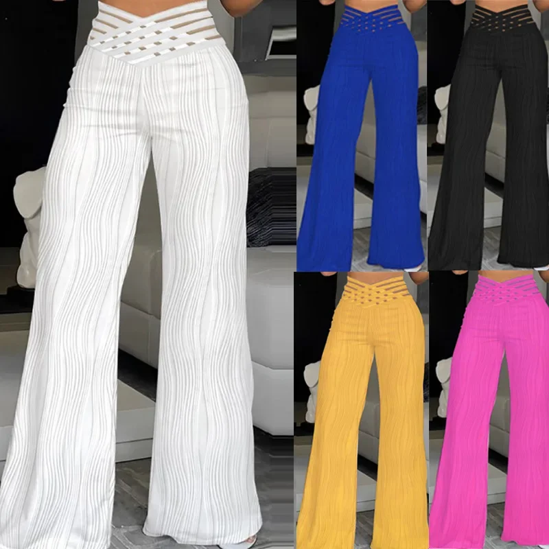 

Women Full Length Pants New Jacquard Stretch Fabric Flare Pants Elastic Solid Color Trousers