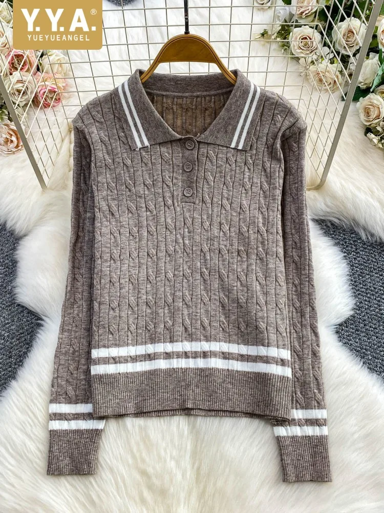 

Women Autumn Winter Vintage Pullover Sweater Tops Lapel Collar Loose Fit Long Sleeve Striped Knitted Jumpers Casual Streetwear