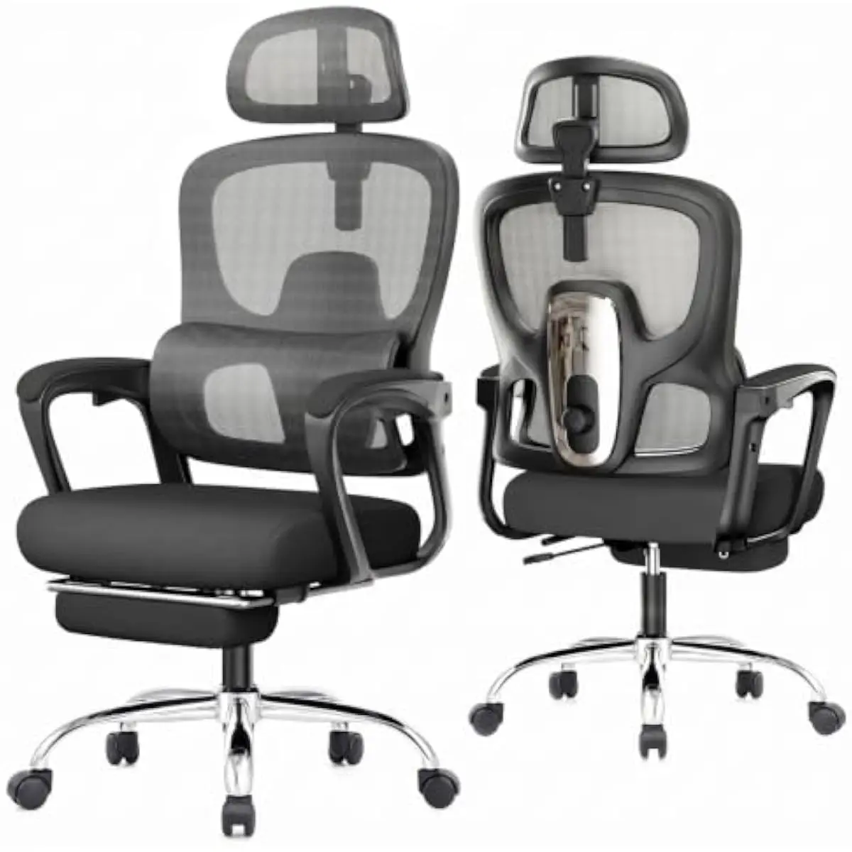 Ergonomic High-Back Desk Chair with Adjustable Lumbar Support, 45° Rotating Headrest, 90°–145° Recline Range, Retractable Footre