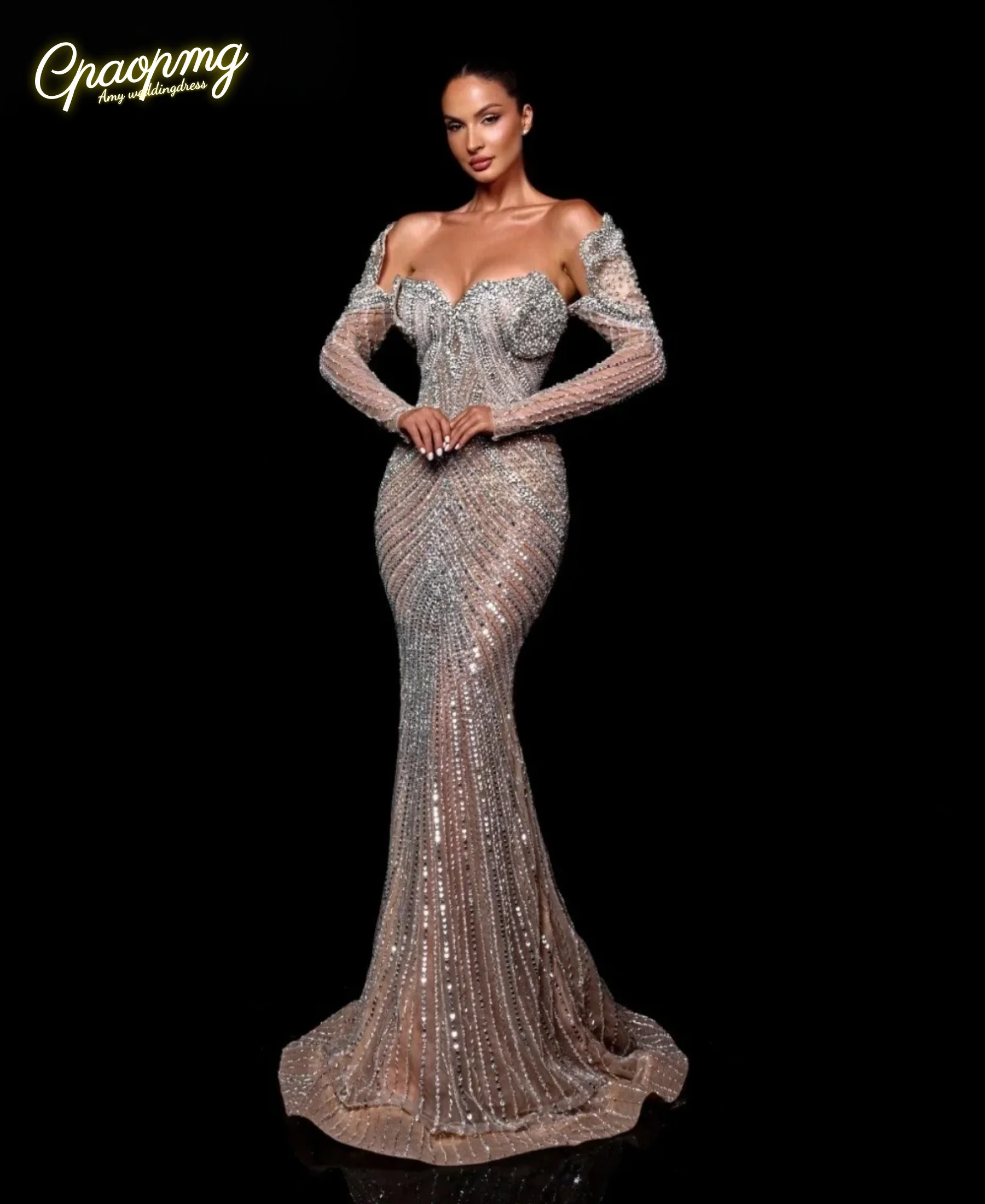 

Customized Charming Off-Shoulder Evening Dress Sweetheart Crystal Evening Gown Luxurious Long-Sleeve Floor-Length Party Gown