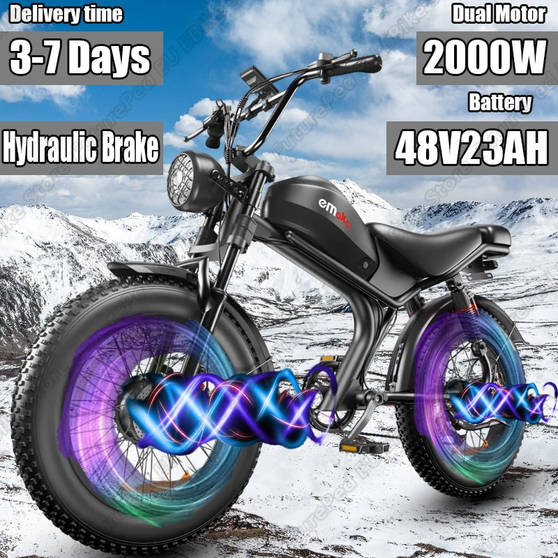 Electric Bicycle 2000W Dual Motor 48V23AH Lithium Battery Hydraulic Brake Aldult Electric Bike 20*4.0 Inch Fat Tire Snow E-bike