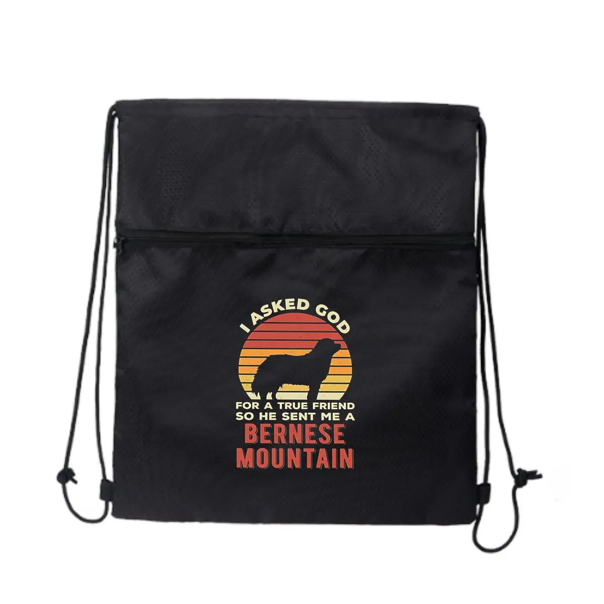 

Бернский горный собака Бог отправляет меня друг. Текстовый дизайн. Многоцелевая сумка на молнии на шнурке от работы, чтобы играть.