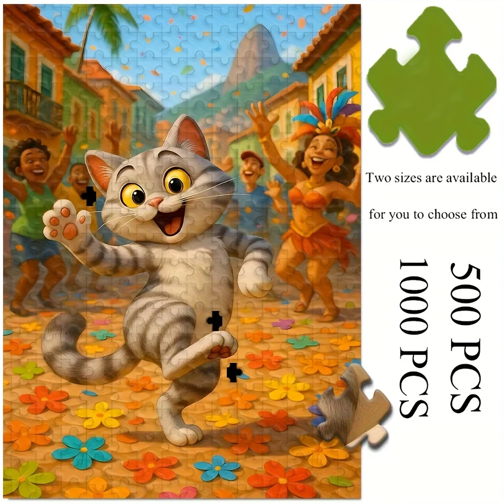 Festliches Karnevalspuzzle mit Katze in Rio-Straßenszene, Puzzle für Erwachsene, fröhliches Thema, geistiges Spiel, Heim- und Freizeitdekoration, Puzzle-Spielzeug