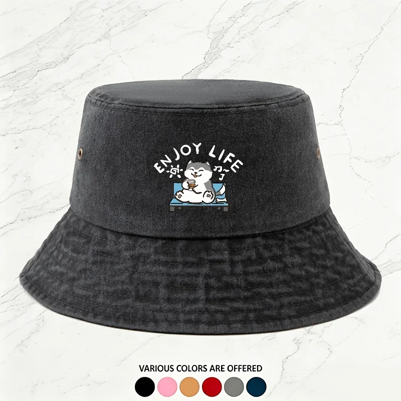 A Men's Outdoor Coffee Puppy Print Washed Bucket Hat, a Versatile Vintage Bucket Hat Suitable for Spring and Summer. A Unisex Fa