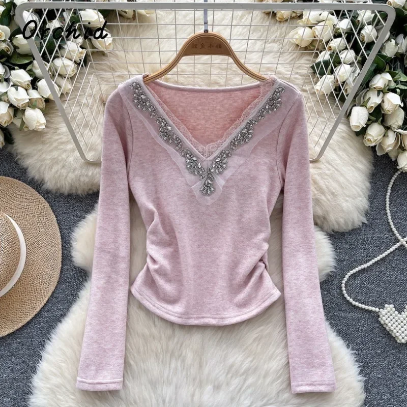 

2025 Spring Sweet Casual Patchwork Long Sleeve V-Neck T-Shirts Women's Fashion Appliques Slim Fit Sexy Lace Tees Pink Top