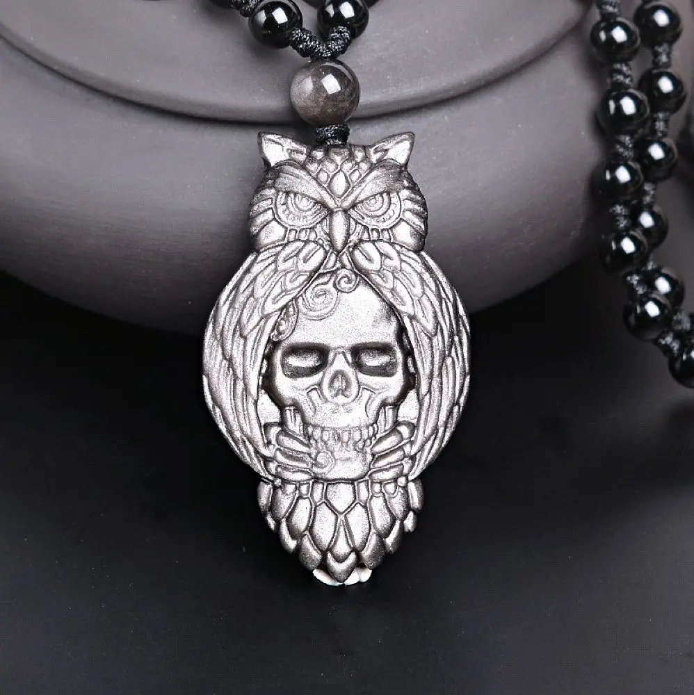 Natural silver obsidian skull owl necklace Amulet pendant with adjustable for women and men