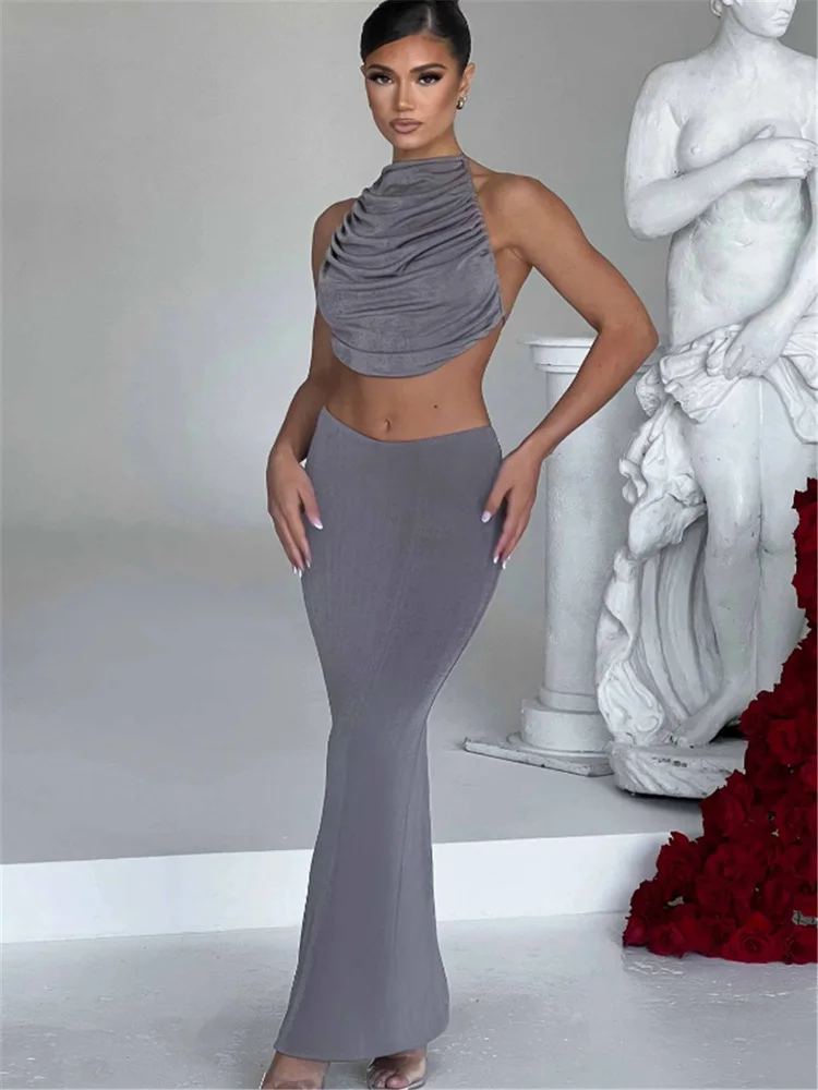 

Сексуальный вязаный комплект: юбка и топ с высоким воротником, плиссированный, для женщин, модный, на все сезоны, взрослый, из двух предметов