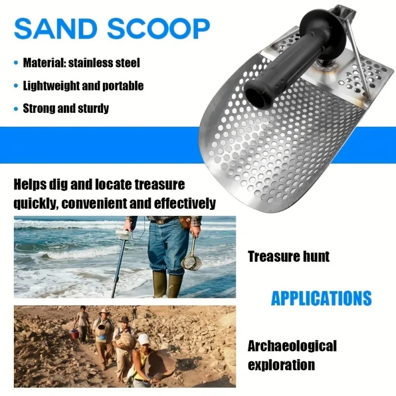 Beach Treasure Hunting Sand Scoop for Metal Detecting Stainless Steel Shovel with Hex 7mm Holes Fast Sifting Metal Detector