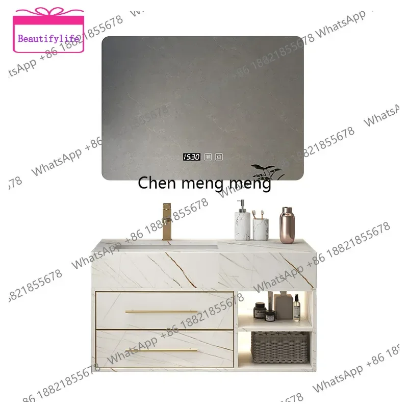 YL  Luxury Solid Wood Bathroom Cabinet Rock Slab Washbasin Toilet Cabinet Combination Smart Mirror Bathroom Cabinet Storage Dr